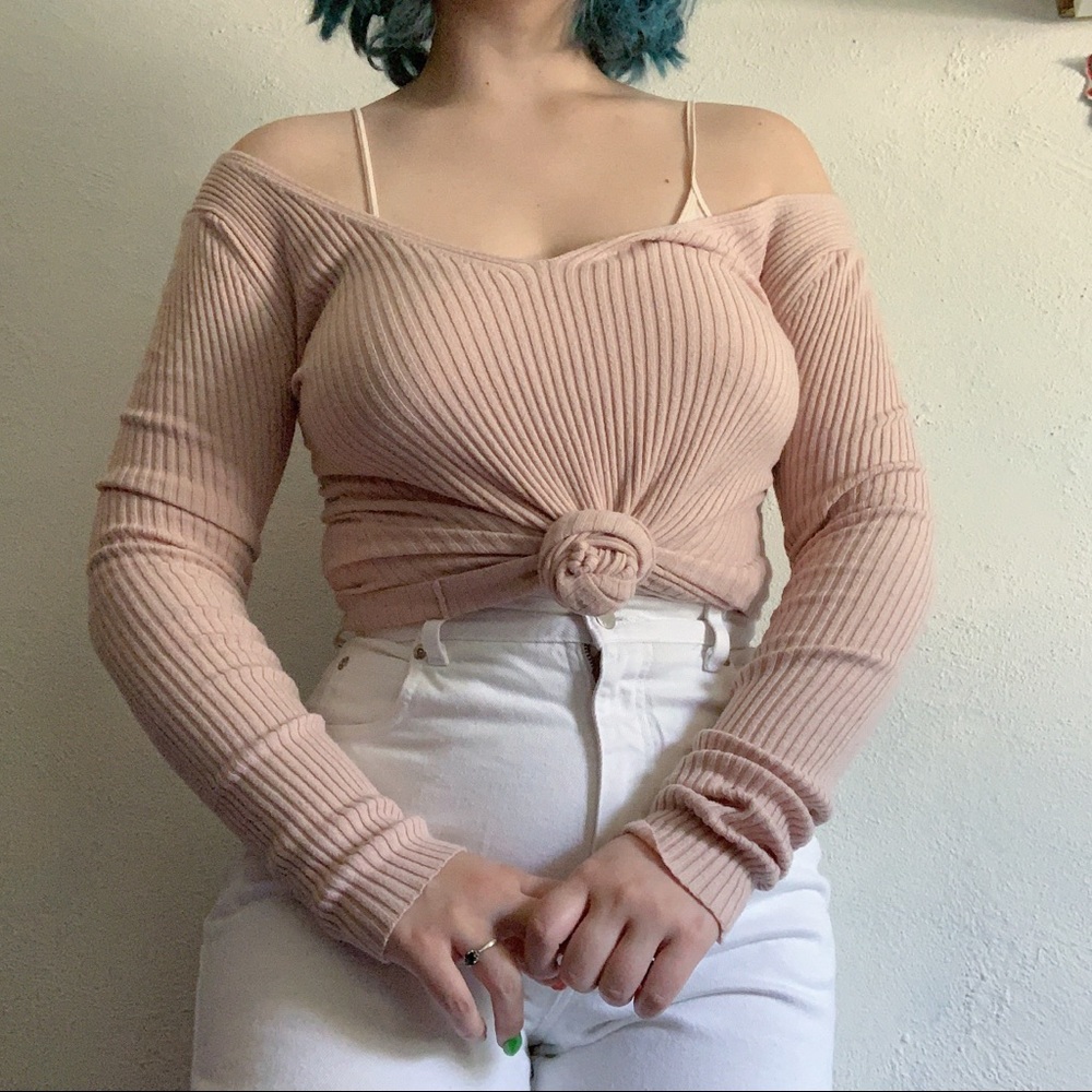 H&M baby pink ribbed off the shoulder long sleeve